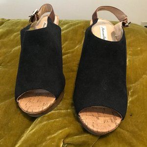 Black Suede Wedge Sandal with Faux Cork Heel
